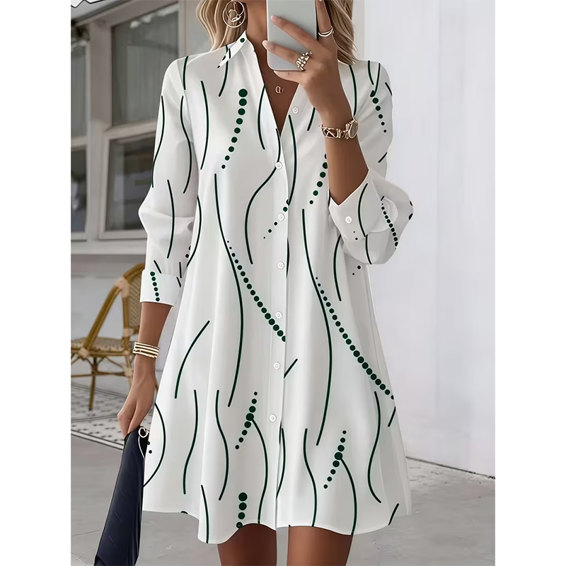 Robe-Chemise Midi Femme Imprimé Graphique Abstrait, Col Chemise, Manches Longues Ouverte à Boutons, Coupe Flare Élégante🔥-48%🍃 plusieurs coloris pour toutes morphologies