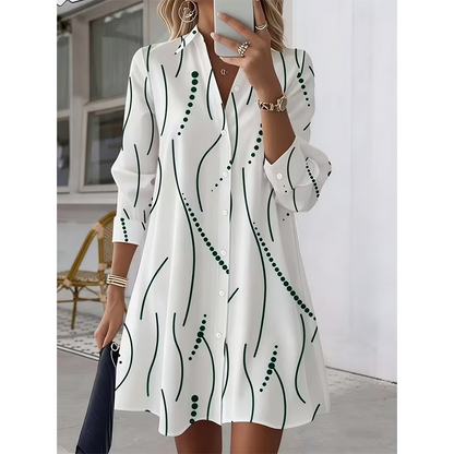 Robe-Chemise Midi Femme Imprimé Graphique Abstrait, Col Chemise, Manches Longues Ouverte à Boutons, Coupe Flare Élégante🔥-48%🍃 plusieurs coloris pour toutes morphologies