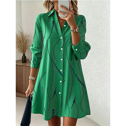 Robe-Chemise Midi Femme Imprimé Graphique Abstrait, Col Chemise, Manches Longues Ouverte à Boutons, Coupe Flare Élégante🔥-48%🍃 plusieurs coloris pour toutes morphologies