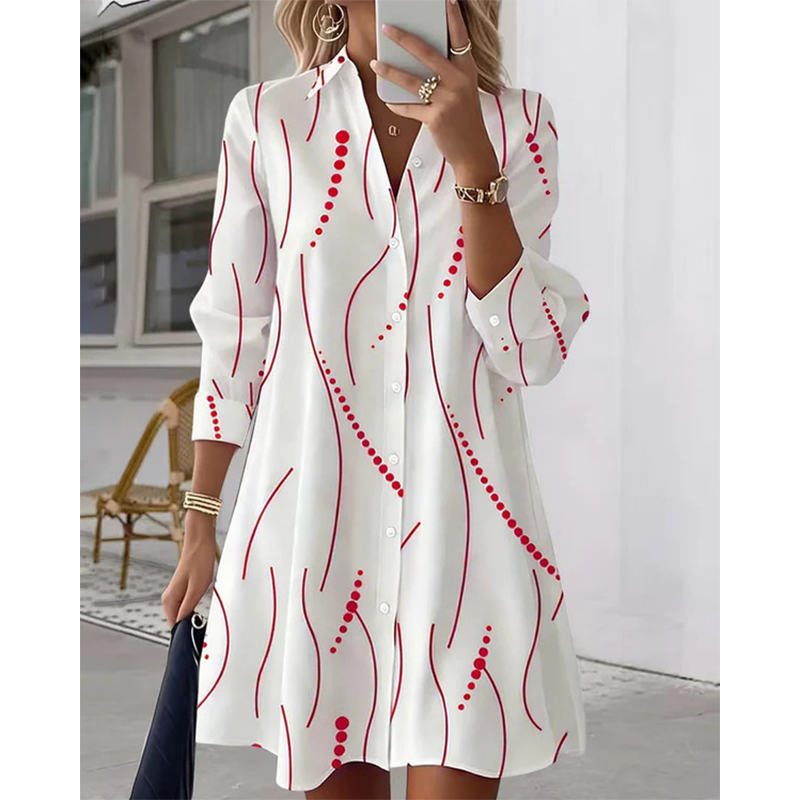 Robe-Chemise Midi Femme Imprimé Graphique Abstrait, Col Chemise, Manches Longues Ouverte à Boutons, Coupe Flare Élégante🔥-48%🍃 plusieurs coloris pour toutes morphologies