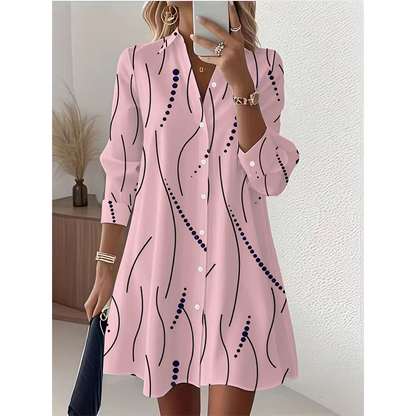 Robe-Chemise Midi Femme Imprimé Graphique Abstrait, Col Chemise, Manches Longues Ouverte à Boutons, Coupe Flare Élégante🔥-48%🍃 plusieurs coloris pour toutes morphologies