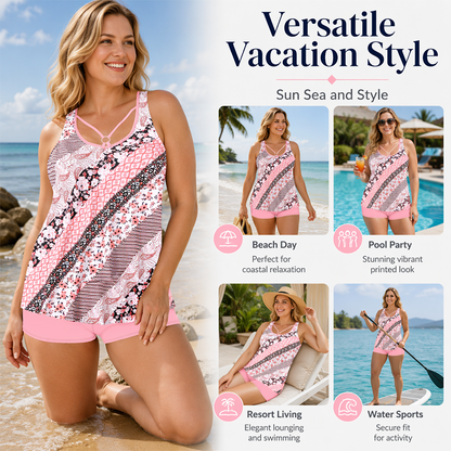 Ensemble tankini imprimé pour femmes grandes tailles, composé d'un maillot de bain deux pièces avec jupe et shorty