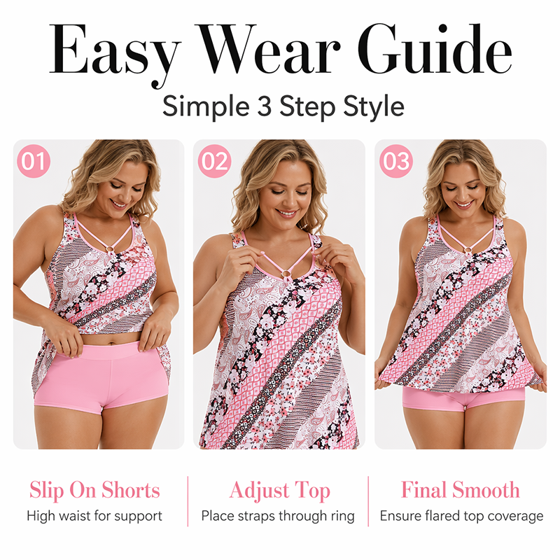 Ensemble tankini imprimé pour femmes grandes tailles, composé d'un maillot de bain deux pièces avec jupe et shorty