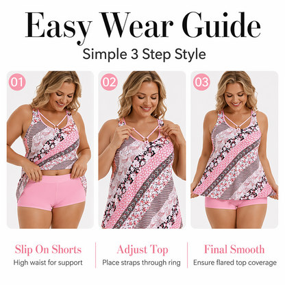 Ensemble tankini imprimé pour femmes grandes tailles, composé d'un maillot de bain deux pièces avec jupe et shorty