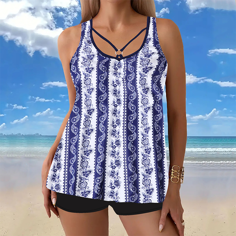 Ensemble tankini imprimé pour femmes grandes tailles, composé d'un maillot de bain deux pièces avec jupe et shorty