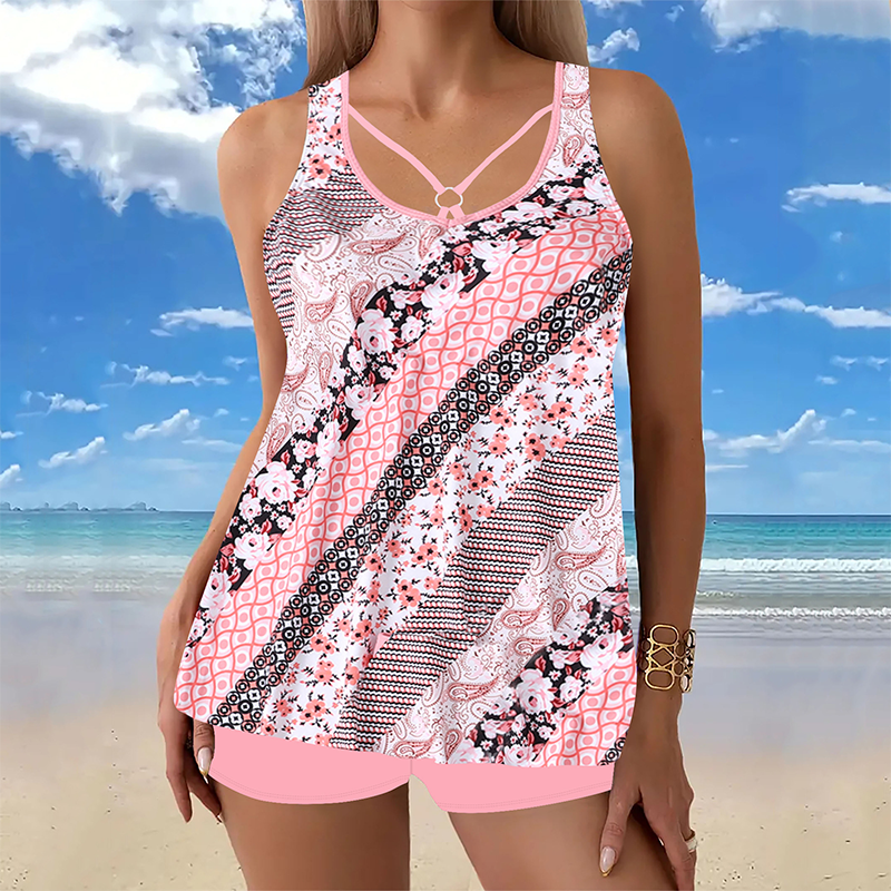 Ensemble tankini imprimé pour femmes grandes tailles, composé d'un maillot de bain deux pièces avec jupe et shorty