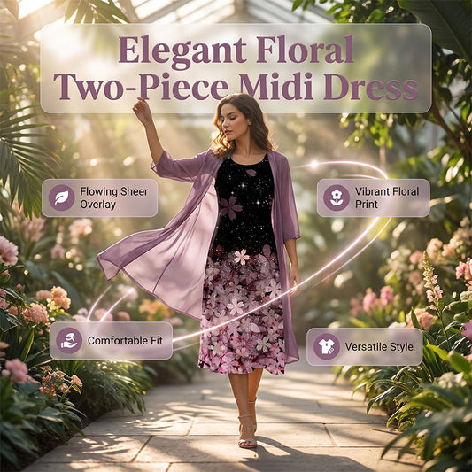 ✨Ensemble 2 Pièces Femme Robe Midi Imprimé Floral + Gilet Long Transparent Manches 3/4🔥femme confortable