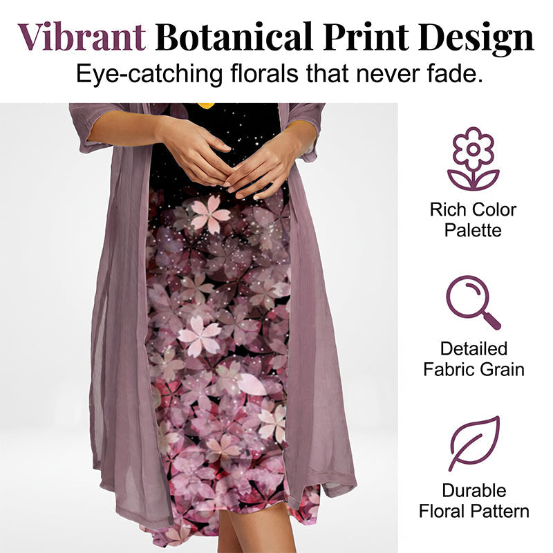 ✨Ensemble 2 Pièces Femme Robe Midi Imprimé Floral + Gilet Long Transparent Manches 3/4🔥femme confortable