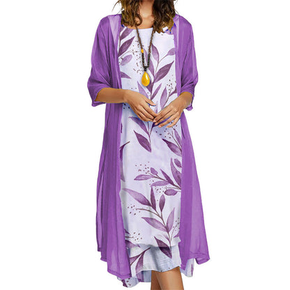 ✨Ensemble 2 Pièces Femme Robe Midi Imprimé Floral + Gilet Long Transparent Manches 3/4🔥femme confortable