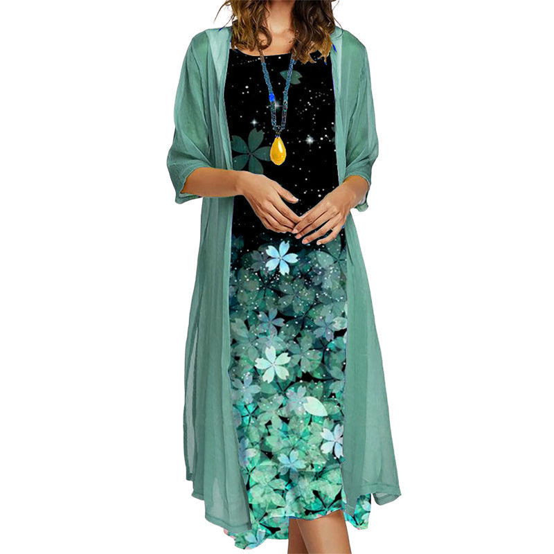 ✨Ensemble 2 Pièces Femme Robe Midi Imprimé Floral + Gilet Long Transparent Manches 3/4🔥femme confortable