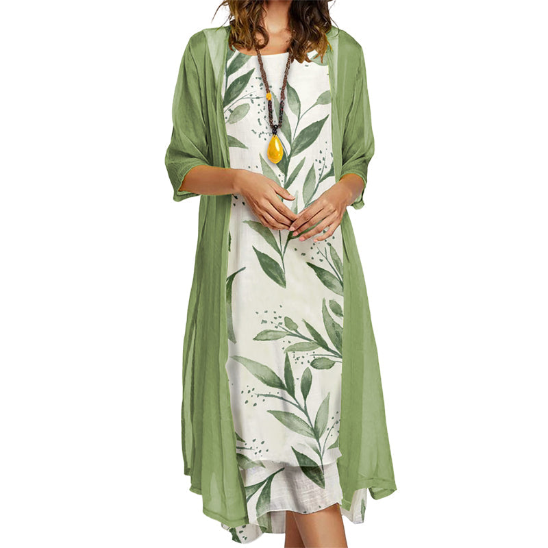 ✨Ensemble 2 Pièces Femme Robe Midi Imprimé Floral + Gilet Long Transparent Manches 3/4🔥femme confortable