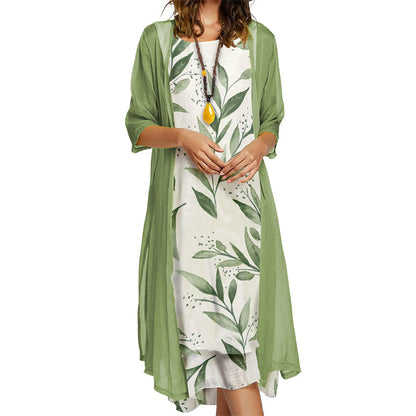 ✨Ensemble 2 Pièces Femme Robe Midi Imprimé Floral + Gilet Long Transparent Manches 3/4🔥femme confortable