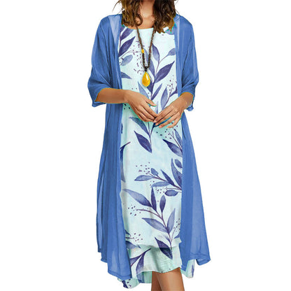 ✨Ensemble 2 Pièces Femme Robe Midi Imprimé Floral + Gilet Long Transparent Manches 3/4🔥femme confortable
