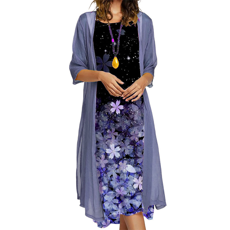 ✨Ensemble 2 Pièces Femme Robe Midi Imprimé Floral + Gilet Long Transparent Manches 3/4🔥femme confortable