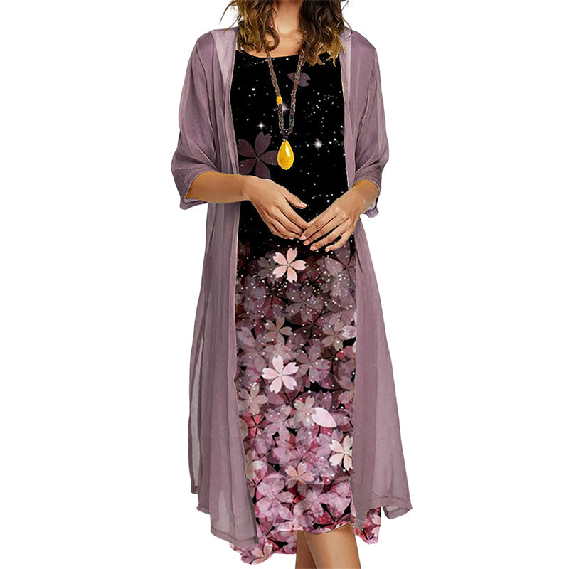 ✨Ensemble 2 Pièces Femme Robe Midi Imprimé Floral + Gilet Long Transparent Manches 3/4🔥femme confortable