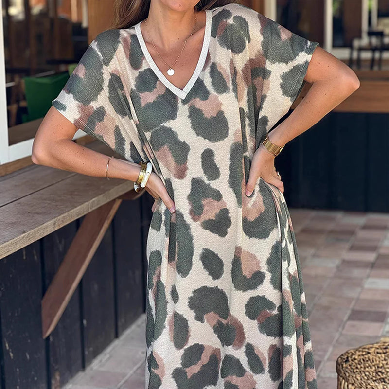Robe décontractée à col en V et imprimé léopard pour femme