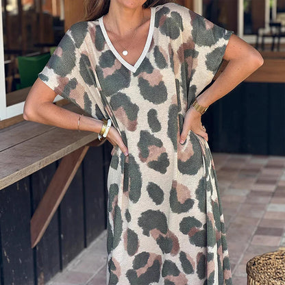 Robe décontractée à col en V et imprimé léopard pour femme