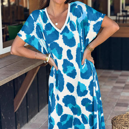 Robe décontractée à col en V et imprimé léopard pour femme