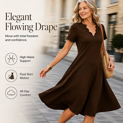 Robe unie à col en V festonné et taille haute pour femme