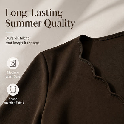 Robe unie à col en V festonné et taille haute pour femme