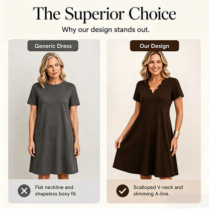 Robe unie à col en V festonné et taille haute pour femme