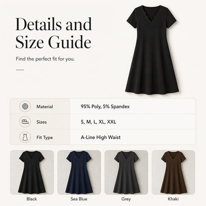 Robe unie à col en V festonné et taille haute pour femme