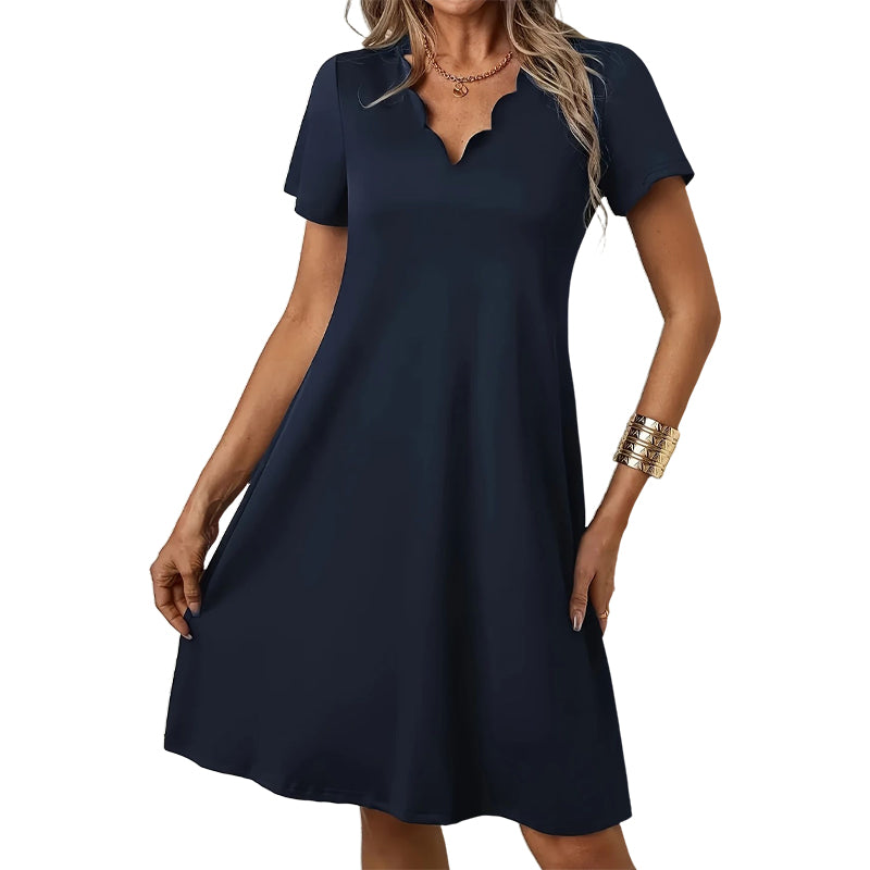 Robe unie à col en V festonné et taille haute pour femme