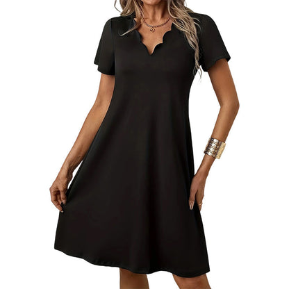 Robe unie à col en V festonné et taille haute pour femme