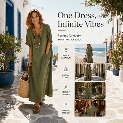 Robe longue de vacances ample à col en V pour femme