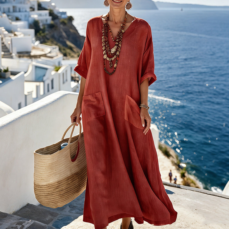 Robe longue de vacances ample à col en V pour femme