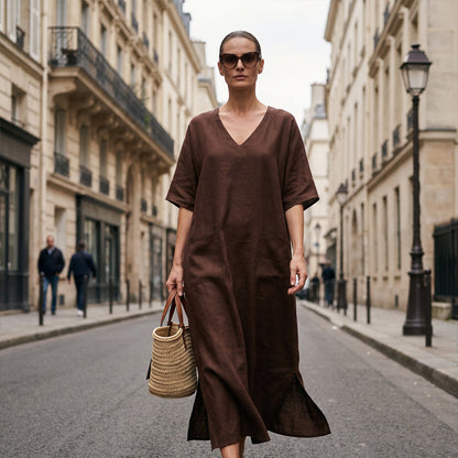 Robe longue de vacances ample à col en V pour femme