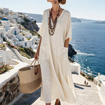 Robe longue de vacances ample à col en V pour femme