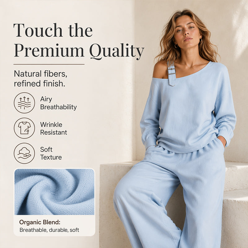 Ensemble élégant pour femme composé d'un haut asymétrique et d'un pantalon à jambes larges