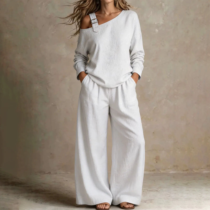 Ensemble élégant pour femme composé d'un haut asymétrique et d'un pantalon à jambes larges