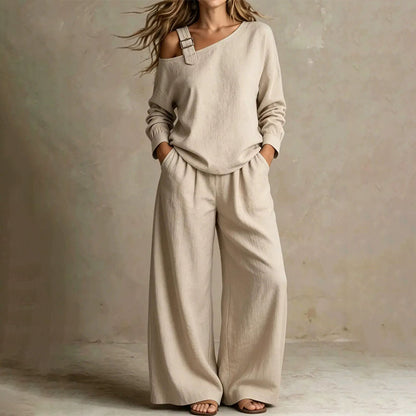 Ensemble élégant pour femme composé d'un haut asymétrique et d'un pantalon à jambes larges