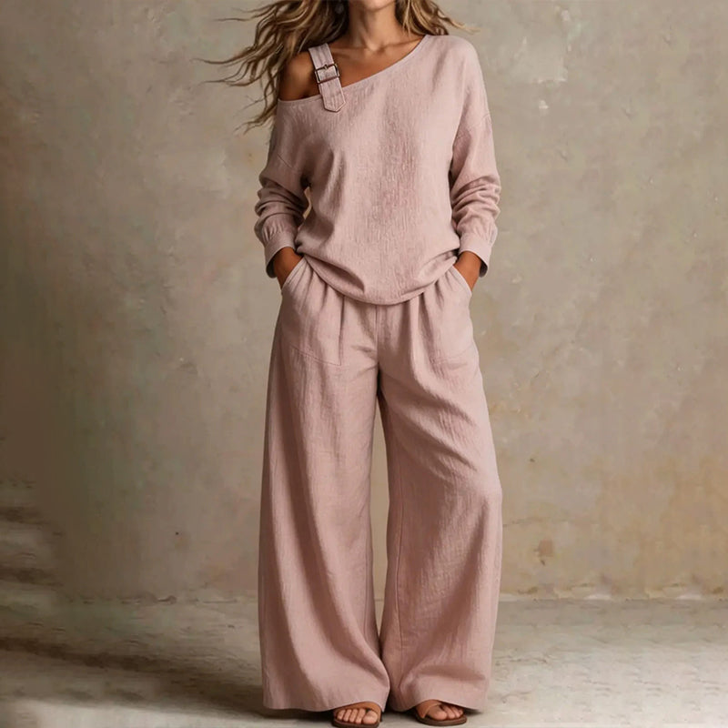 Ensemble élégant pour femme composé d'un haut asymétrique et d'un pantalon à jambes larges