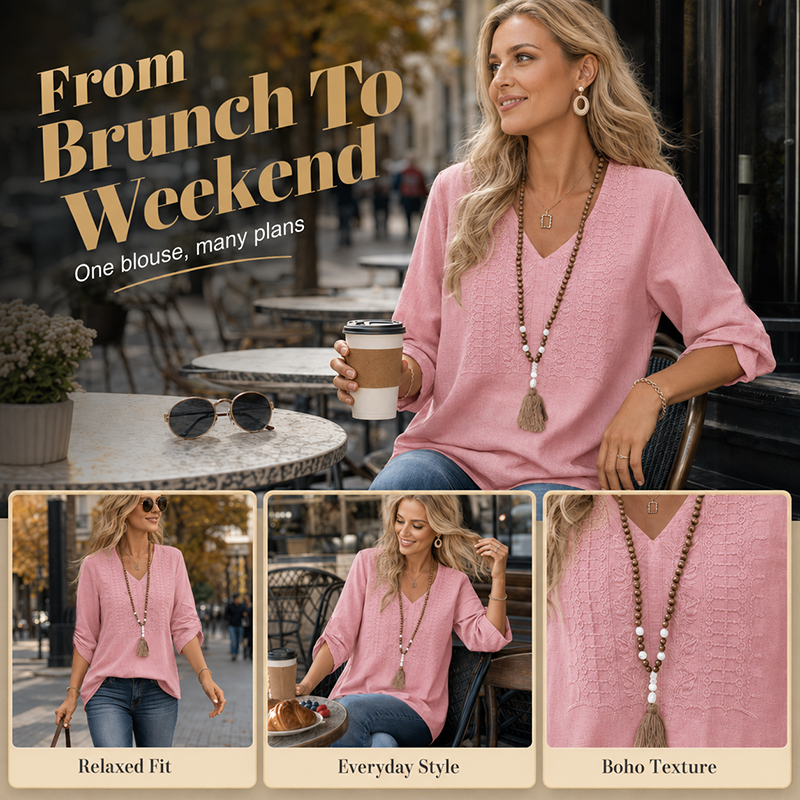 🔥‑50 % – OFFRE LIMITÉE ! Haut décontracté femme à col V et broderies 👚✨