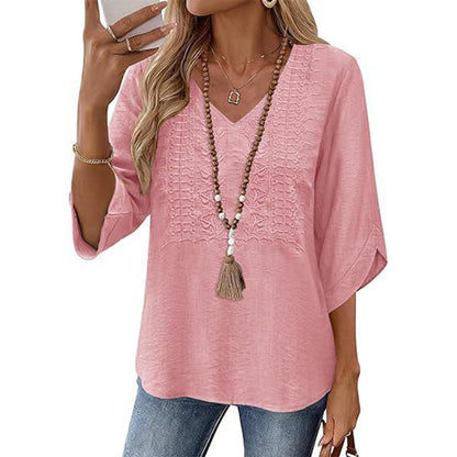 🔥‑50 % – OFFRE LIMITÉE ! Haut décontracté femme à col V et broderies 👚✨