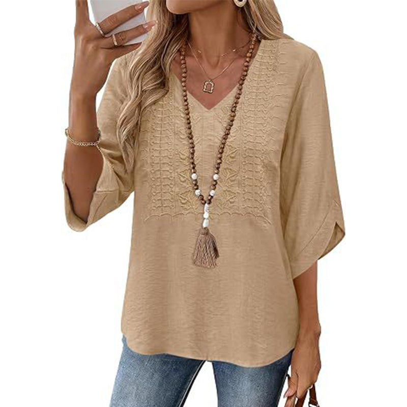 🔥‑50 % – OFFRE LIMITÉE ! Haut décontracté femme à col V et broderies 👚✨