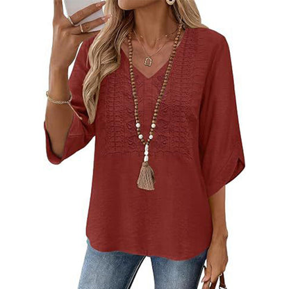🔥‑50 % – OFFRE LIMITÉE ! Haut décontracté femme à col V et broderies 👚✨