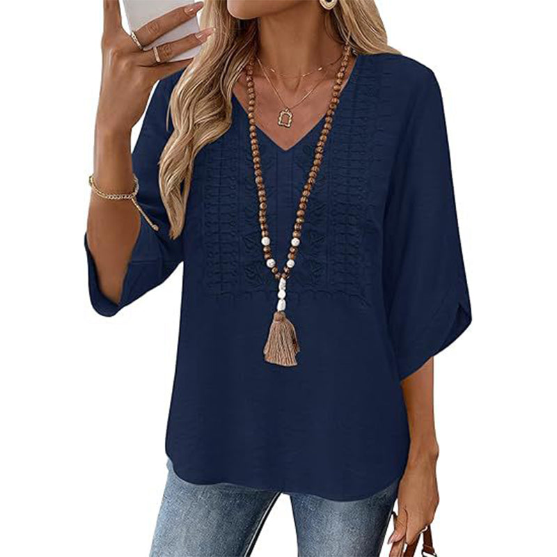 🔥‑50 % – OFFRE LIMITÉE ! Haut décontracté femme à col V et broderies 👚✨