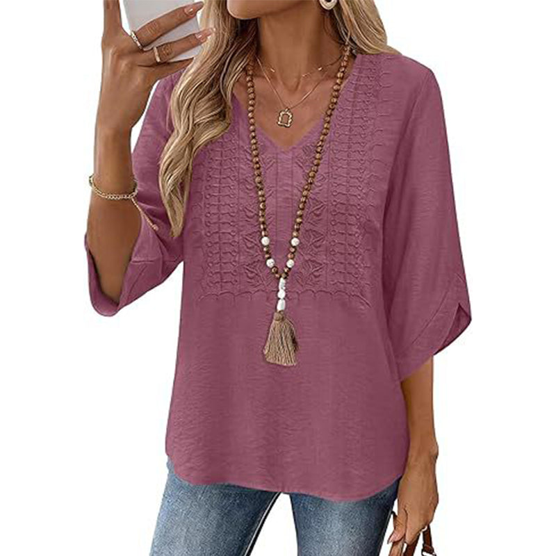 🔥‑50 % – OFFRE LIMITÉE ! Haut décontracté femme à col V et broderies 👚✨