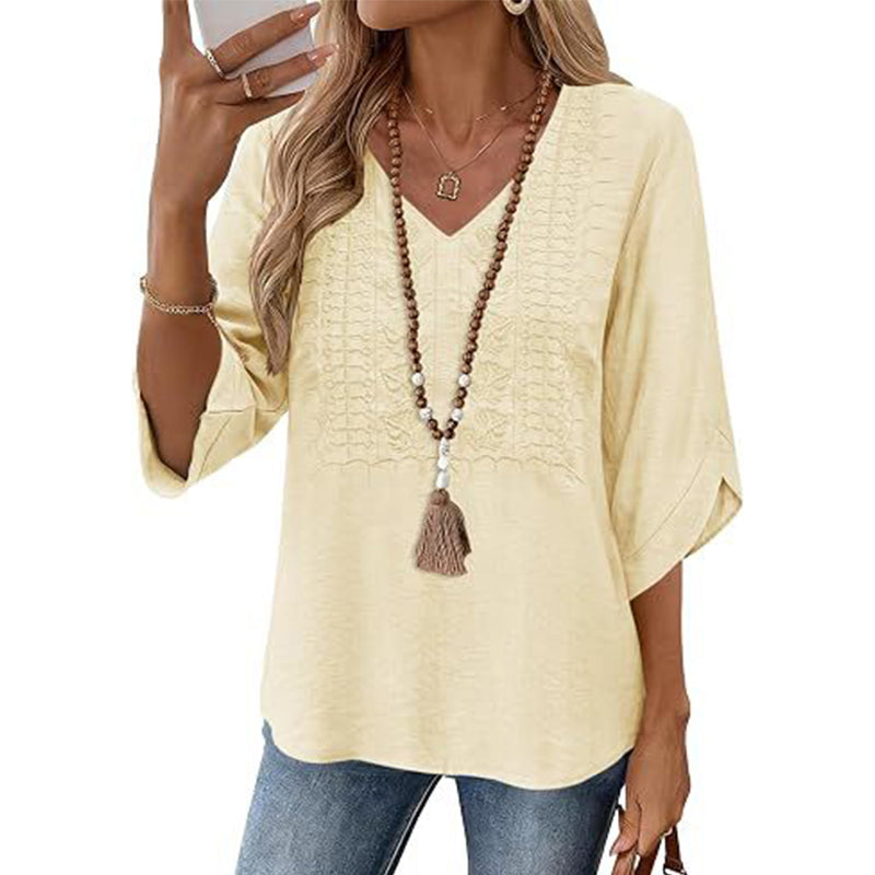 🔥‑50 % – OFFRE LIMITÉE ! Haut décontracté femme à col V et broderies 👚✨