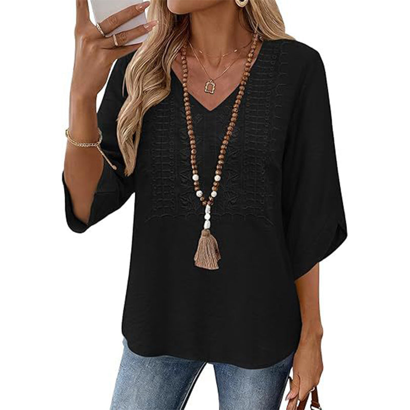 🔥‑50 % – OFFRE LIMITÉE ! Haut décontracté femme à col V et broderies 👚✨