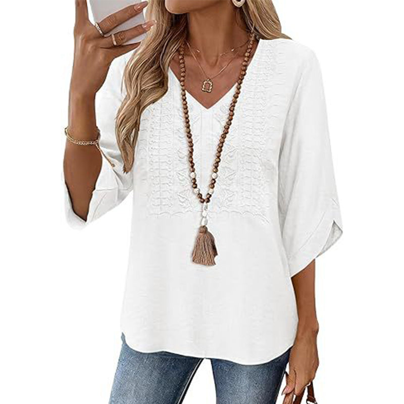 🔥‑50 % – OFFRE LIMITÉE ! Haut décontracté femme à col V et broderies 👚✨