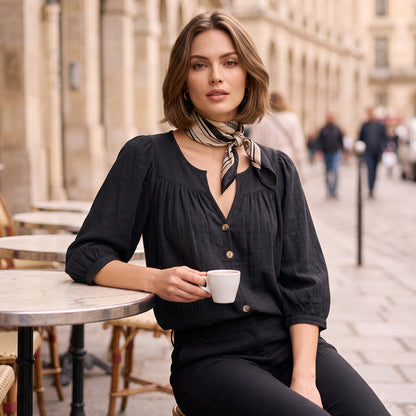 Blouse Tunique Femme Coupe Ample Col V Fendu, Manches 3/4 Bouffantes, Boutons Décoratifs, Style Décontracté Quotidien🔥-57%🍃 pour toutes silhouettes