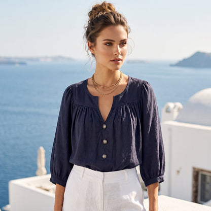 Blouse Tunique Femme Coupe Ample Col V Fendu, Manches 3/4 Bouffantes, Boutons Décoratifs, Style Décontracté Quotidien🔥-57%🍃 pour toutes silhouettes
