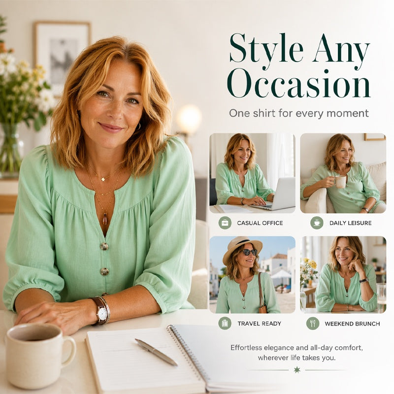 Blouse Tunique Femme Coupe Ample Col V Fendu, Manches 3/4 Bouffantes, Boutons Décoratifs, Style Décontracté Quotidien🔥-57%🍃 pour toutes silhouettes