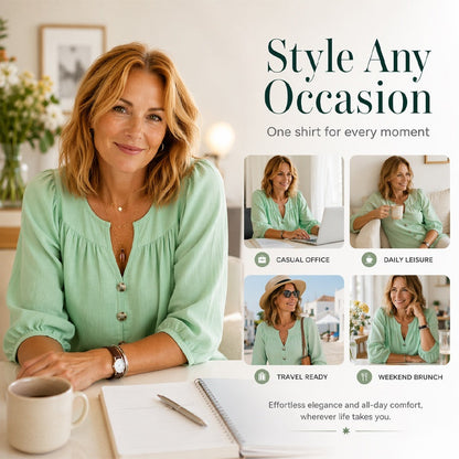 Blouse Tunique Femme Coupe Ample Col V Fendu, Manches 3/4 Bouffantes, Boutons Décoratifs, Style Décontracté Quotidien🔥-57%🍃 pour toutes silhouettes