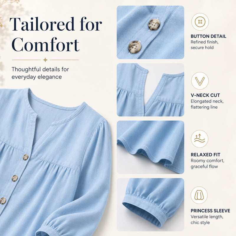Blouse Tunique Femme Coupe Ample Col V Fendu, Manches 3/4 Bouffantes, Boutons Décoratifs, Style Décontracté Quotidien🔥-57%🍃 pour toutes silhouettes